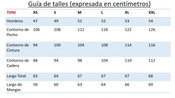 tabla de  medidas TONI HOMBRE